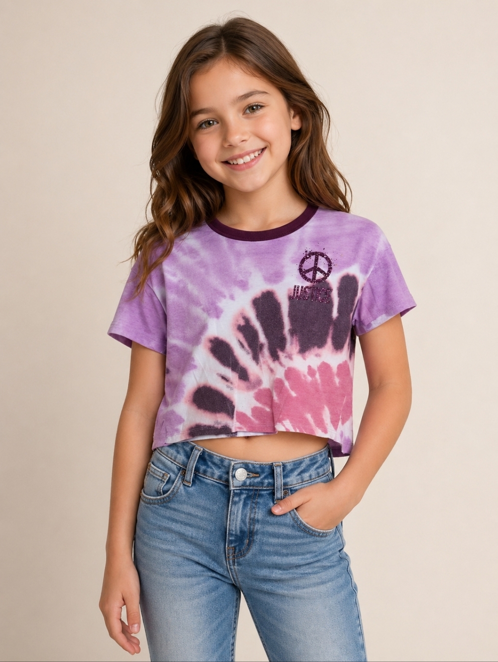 Justice Purple and Pink Tie-Dye Peace Graphic Crop Tee